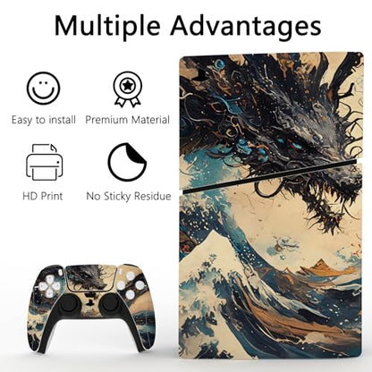 PlayVital Full Set Skin Sticker for ps5 Slim Console Disc Edition (The New Smaller Design), Vinyl Skin Decal Cover for ps5 Controller & Headset & Charging Station - Tempest Dragon - color: Tempest Dragon