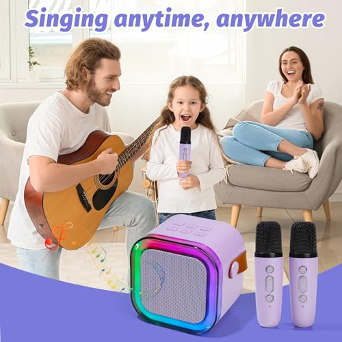 Mini Karaoke Machine for Kids, Portable Karaoke Speaker with 2 Wireless Microphones,Voice Effects,LED Lights, Singing Machine for Girl, Ages 3,4,5,6,7,8,9,10,11,12+ Years Old Birthday Gift(Purple) - color: Purple