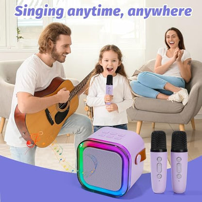Mini Karaoke Machine for Kids, Portable Karaoke Speaker with 2 Wireless Microphones,Voice Effects,LED Lights, Singing Machine for Girl, Ages 3,4,5,6,7,8,9,10,11,12+ Years Old Birthday Gift(Purple) - color: Purple