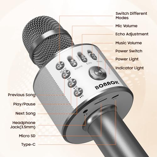 BONAOK Wireless Bluetooth Karaoke Microphone,3-in-1 Portable Handheld Karaoke Mic Speaker Machine Home Party Birthday for All Smartphones Q37 (Space Gray) - color: Space Gray