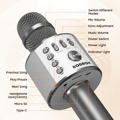 BONAOK Wireless Bluetooth Karaoke Microphone,3-in-1 Portable Handheld Karaoke Mic Speaker Machine Home Party Birthday for All Smartphones Q37 (Space Gray) - color: Space Gray
