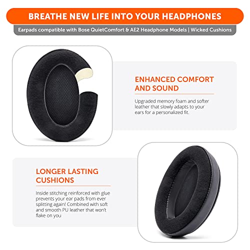 WC Upgraded Replacement Ear Pads for Bose QC15 Headphones Made By Wicked Cushions- Supreme Comfort - Compatible with QC25 / QC2 / AE2 / AE2i / AE2W - Extra Durable | (Velour)