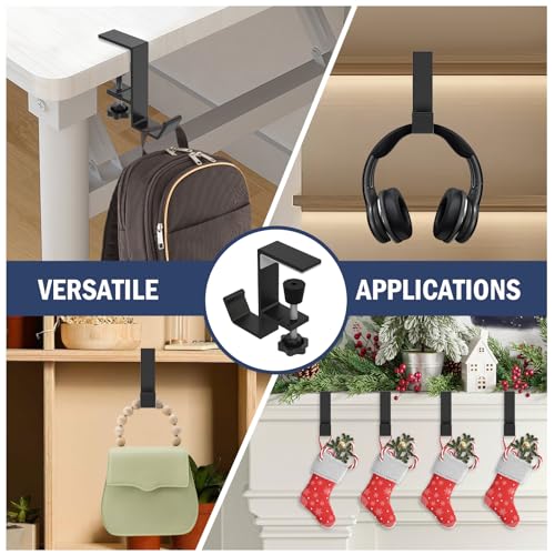 Clamp-On Under Desk Backpack Hanger, Clamp-On Under Desk Headphone Holder, Students' Desk Hook, with Adjustable Arm Clamp for Handbag and Purse Holder (Black) - color: Black