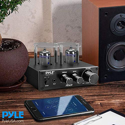 Pyle Bluetooth Tube Amplifier Stereo Receiver - 600W Home Audio Desktop Stereo Vacuum Tube Power Amplifier Receiver w/ 2 Vacuum Tubes, AUX/MP3/Microphone Inputs, Pure Copper Speaker Output - PVTA20 - style: Mini Tube Amplifier