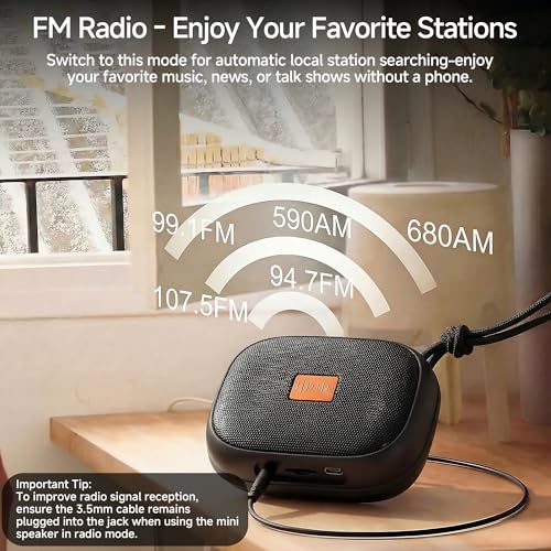FunHub Waterproof Bluetooth Shower Speaker, Small & Light with Anti-Slip Sides, 3 Play Modes, FM Radio, Bluetooth 5.3 Immersive Stereo Sound (TWS), for Bathroom, Pool, Beach & Outdoor Party – Black - color: Black