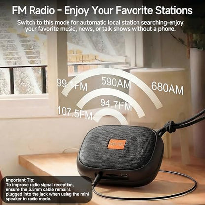 FunHub Waterproof Bluetooth Shower Speaker, Small & Light with Anti-Slip Sides, 3 Play Modes, FM Radio, Bluetooth 5.3 Immersive Stereo Sound (TWS), for Bathroom, Pool, Beach & Outdoor Party – Black - color: Black