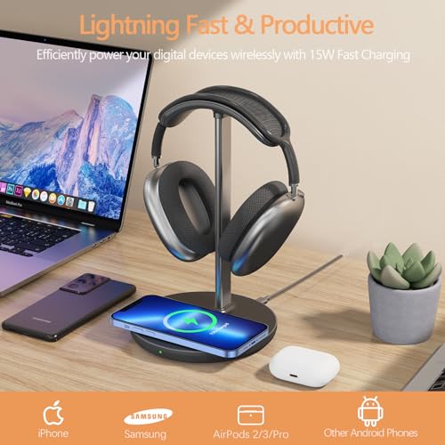 Headphone Stand with Wireless Charger, Gaming Headset Holder Hanger Rack 2 IN 1 Wireless Charging Station Dock for iPhone 15/14/13/12/11 Series, Samsung, AirPods Pro/3/2 and Desk All Headphones, Black | 2 in 1 Charging Station for iPhone, Samsung, AirPods