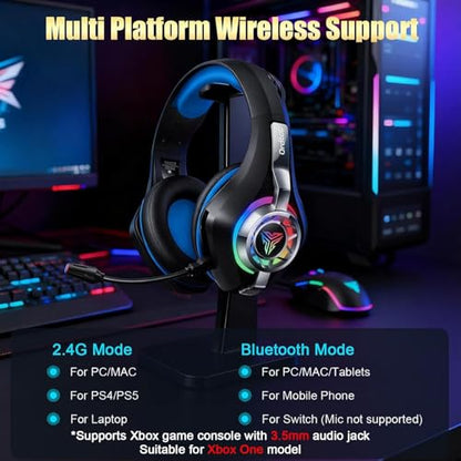2.4GHz Wireless Gaming Headsets for PS5/PS4/Switch, RGB Noise Cancelling Over-Ear Headphones with 7.1 Surround Sound, 40mm Drivers, Bluetooth 5.4, 276g Ultraligero, Memory Foam, 45H Gaming Headphones - color: Black