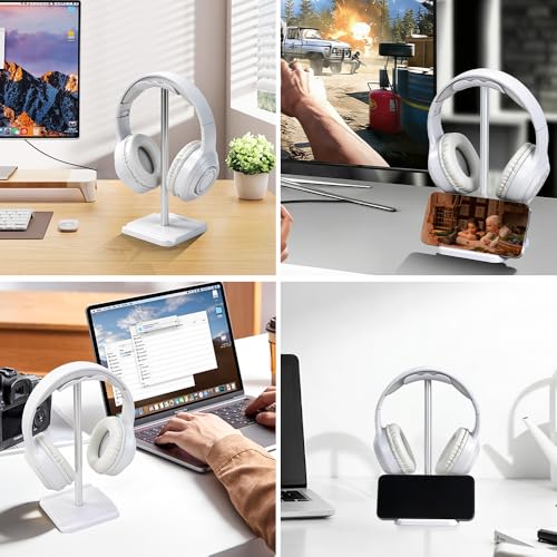 Headphone Stand for Desk, Headset & Earphone Holder with Phone Slot | Aluminum Pole, TPU-Padded Headrest, Anti-Slip ABS Base, Universal for Gaming & Office, Compatible with All Headphones - color: White