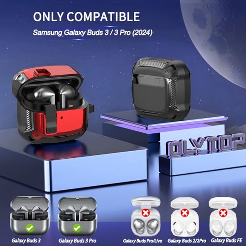 Galaxy Buds 3 Pro/3/3 FE Case Cover with Phone Stand&Lock Clip, Shockproof Samsung Galaxy Buds 3 FE/3/3 Pro Protective Hard Cover Shell with Carabiner&Cleaner kit for Men Women, Black/Red - color: A-Black/Red