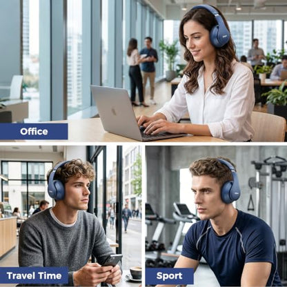 Uliptz Bluetooth Headphones Over Ear, Wireless HiFi Stereo Foldable Headset | 65H Playtime, Bluetooth 6.0, 6 EQ Modes, Built-in Mic, Deep Bass Stereo, Lightweight Design for Home, Office, Travel & PC - color: Blue