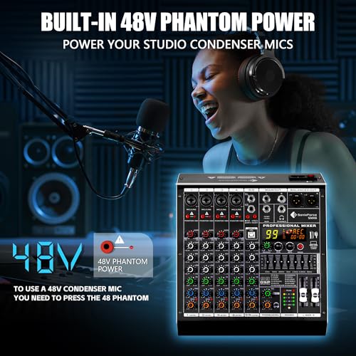 6 Channel DJ Audio Mixer, Professional Sound Board Console | DJ Mixer for Recording & Streaming, USB Drive, Media Playback, PC Audio Interface, EQ Control, 48V Phantom Power