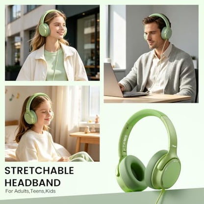 USB C Wired Over-Ear Headphones with Microphone | Volume Control, Share Port, Adjustable Headband Foldable Stereo Headset for Adult/Teens for iPhone 16, Laptop, Gaming, Travel - color: Grass Green