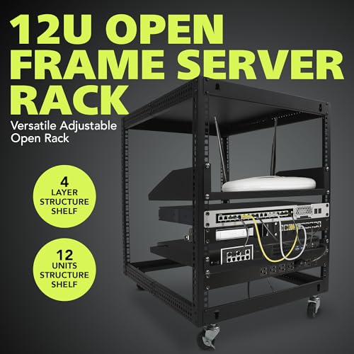 Pearington 12U Open Frame Server Rack, 23''-40'' Adjustable Depth, Free Standing or Wall Mount, 4 Post AV Rack with Casters, Holds Networking IT Equipment AV Gear Router Modem - size: 12U Open Frame
