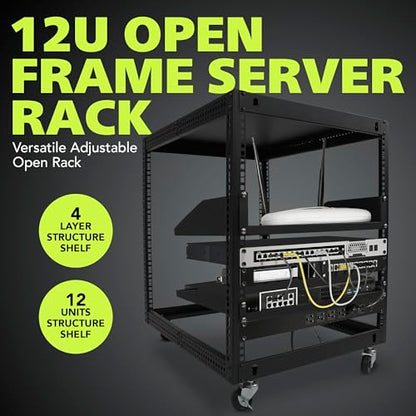 Pearington 12U Open Frame Server Rack, 23''-40'' Adjustable Depth, Free Standing or Wall Mount, 4 Post AV Rack with Casters, Holds Networking IT Equipment AV Gear Router Modem - size: 12U Open Frame
