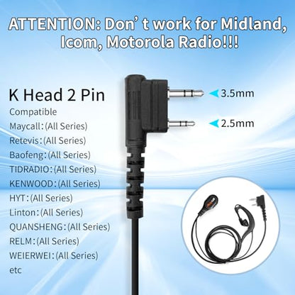 Walkie Talkie Earpiece with Mic, Radio Earpiece Compatible with Retevis RT22 RT68 RT21 H-777 H-777S RT86, Baofeng UV-5R 888S, Ear Piece for Walkie-Talkie, 2 Pin(5 Pack) - color: Earpiece with Mic