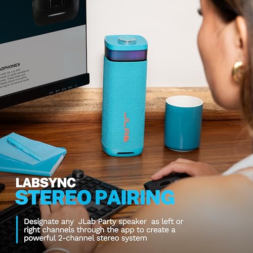 JLab, JBuds Party, Portable Bluetooth Speaker, Waterproof Outdoor Speaker, RGB Lighting, Multi-Speaker Connect, Cyan - color: Cyan