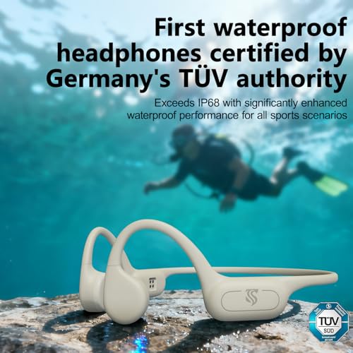 Swimming Headphones Bone Conduction Headphones IPX8 Waterproof Apricot | Waterproof Earbuds for Swimming ,Open Ear Earphones with MP3 Mode 32GB,8H Play Bluetooth 5.4 Ear Buds Secure Fit for Running - color: Apricot