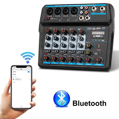 Professional DJ Audio Mixer, NEW BAXS 6 Channel Bluetooth Controller Sound Mixer, USB Interface, 99-Bit DSP XLR, AUX, TRS Processor MP3 Player w/48V Phantom For Karaoke Studio Streaming Recording