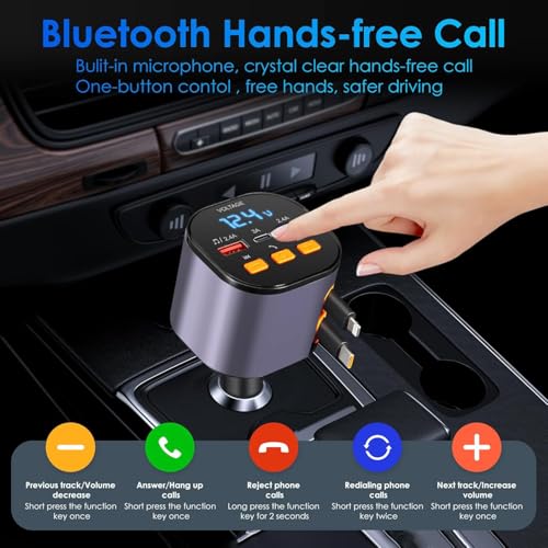 Retractable Car Charger,5 in 1 Fast Cars Phone Charger 90W,Bluetooth 5.3 FM Transmitter Adapter,Handsfree Call,2 Retractable Cables and USB Chargers for iPhone17/ 16/15/14/13/Samsung - color: Purplr