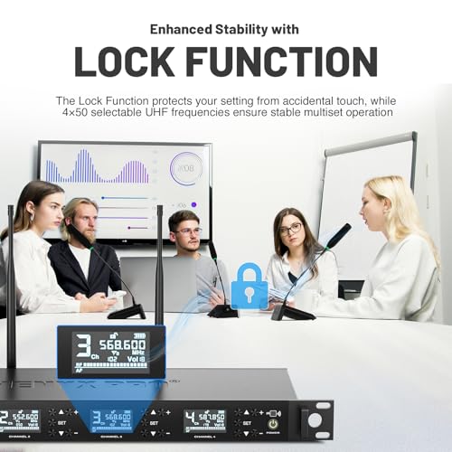 Phenyx Pro 4-Channel Auto Scan Wireless Conference Microphone System PTC-4 | 4 x 50 Frequencies, 328 ft Range, IR Sync, 4 Gooseneck Mics for Lectures, Church, Meeting, Conference Rooms,Public Speaking