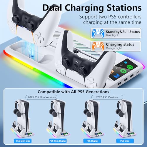 BRHE PS5/Slim Cooling & Charging Station,PS5/Slim Stand for Disc & Digital Console,PS5 Controller Charger,PS5 Slim Accessories with 3 Charging Ports,Cooling Fan,Headset Holder - color: White