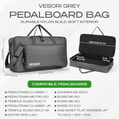 Pedalboard Bag - Fits Boss ME-80 / GT-100 / ME-90 and More - 22.5x12.5x3 Inch Fleece Lined Guitar Pedal Board Case with Shoulder Strap, Front Pocket, Non-Slip Feet, 600D Nylon (Grey)