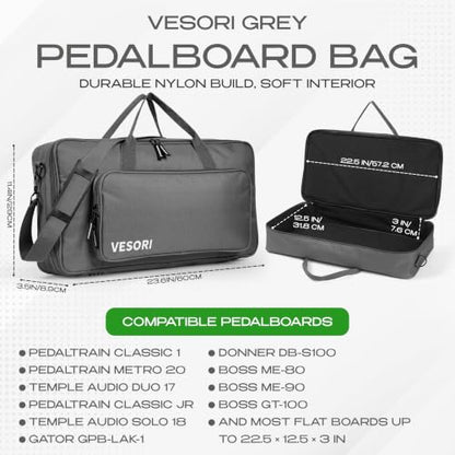 Pedalboard Bag - Fits Boss ME-80 / GT-100 / ME-90 and More - 22.5x12.5x3 Inch Fleece Lined Guitar Pedal Board Case with Shoulder Strap, Front Pocket, Non-Slip Feet, 600D Nylon (Grey)