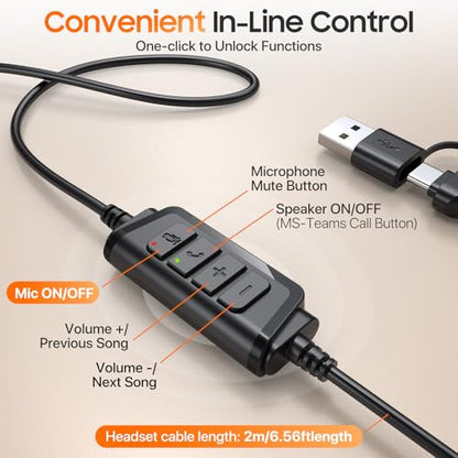 USB Headset with Microphone for PC，Wired Computer Laptop Headset with Noise Cancelling Microphone, Work Headphones with Mic for Home Office Teams Zoom (USB-A&C)-Black