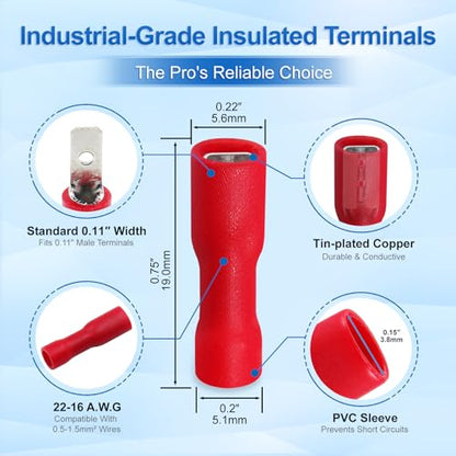 BAOMAIN 0.11" Fully Insulated Female Spade Terminals 22-16 AWG 200-Pack - size: Fully Insulated Female