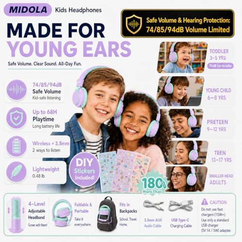 Kids Bluetooth Headphones Wireless 68 Hours,Safe Volume Limit 85/94dB | Adjustable Headband Foldable Over-Ear Lightweight for Toddler Girls Boys Tablet/iPad,HD Stereo,Built-in Mic,Light Purple - color: Light Purple