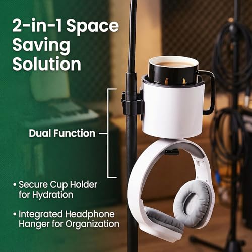 2-in-1 Mic Stand Cup Holder with Headphone Hanger for Studio Musicians