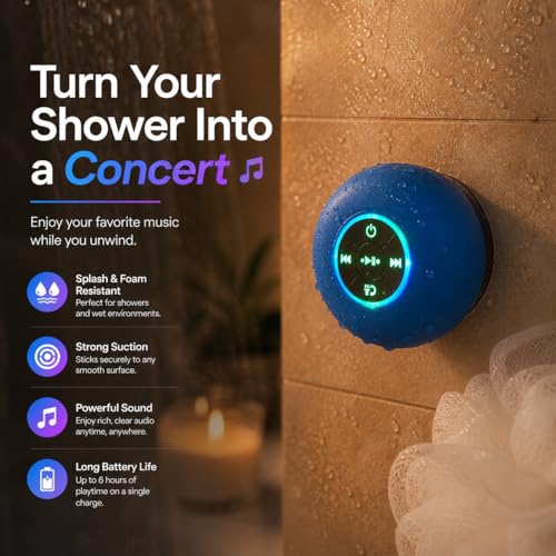 Bluetooth Shower Speaker with LED – Portable Wireless Mini Speaker with Mic & Suction Cup, IPX4 Water Resistant for Shower, Travel, Pool, River Floating, and Outdoor Fun (Blue) - color: Blue