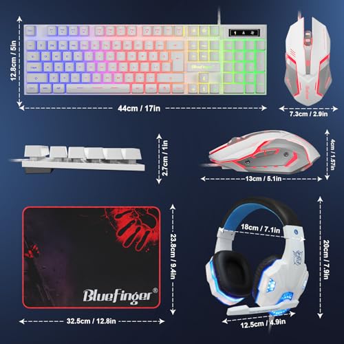BlueFinger RGB Gaming Keyboard and Backlit Mouse and Headset Combo, USB Wired Backlit Keyboard, LED Gaming Mouse Set, Headset with Microphone for Laptop PC Computer Game and Work, White - color: White