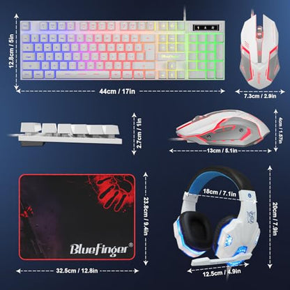 BlueFinger RGB Gaming Keyboard and Backlit Mouse and Headset Combo, USB Wired Backlit Keyboard, LED Gaming Mouse Set, Headset with Microphone for Laptop PC Computer Game and Work, White - color: White