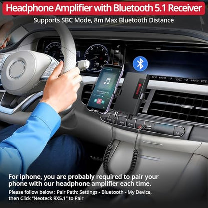 Neoteck Portable 3.5mm Headphone Amplifier with Bluetooth 5.0 Receiver | Two-Stage Gain Switch, 16-300 Ohm HiFi Earphone Amp, Aluminum Matte Surface