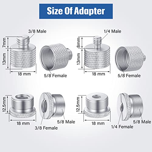 8 Pcs Mic Stand Adapter 5/8 Female to 3/8 Male, 3/8 Female to 5/8 Male, 5/8 to 1/4 and 1/4 to 5/8 Screw Mic Thread Adapter Set for Microphone(Silver) - color: Silver