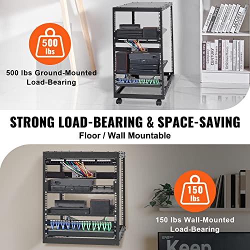 VEVOR 20U Open Frame Server Rack, 23''-40'' Adjustable Depth, Free Standing or Wall Mount Network Server Rack, 4 Post AV Rack with Casters, Holds All Your Networking IT Equipment AV Gear Router Modem - size: 20U