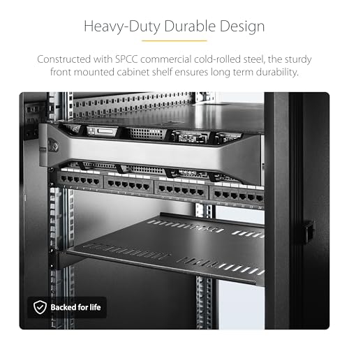 StarTech 1U Vented Cantilever Rack Shelf, 16in, 44lb/20kg (CABSHELF116V) | Universal vented rack mount tray, For 19in network equipment rack & cabinet, Heavy duty steel, 16in deep - size: 16", style: single