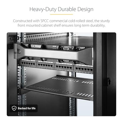 StarTech 1U Vented Cantilever Rack Shelf, 16in, 44lb/20kg (CABSHELF116V) | Universal vented rack mount tray, For 19in network equipment rack & cabinet, Heavy duty steel, 16in deep - size: 16", style: single