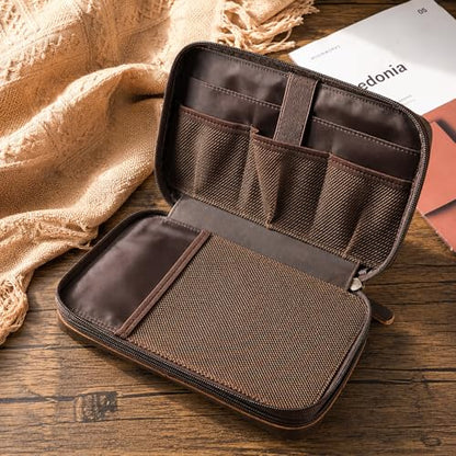 Polare Full Grain Leather Cable Organizer Travel Case Double Layers Electronics Accessories Carry Bag with YKK Zippers All-in-One Tech Storage Pouch for Cords, Power Bank, USB, Charger