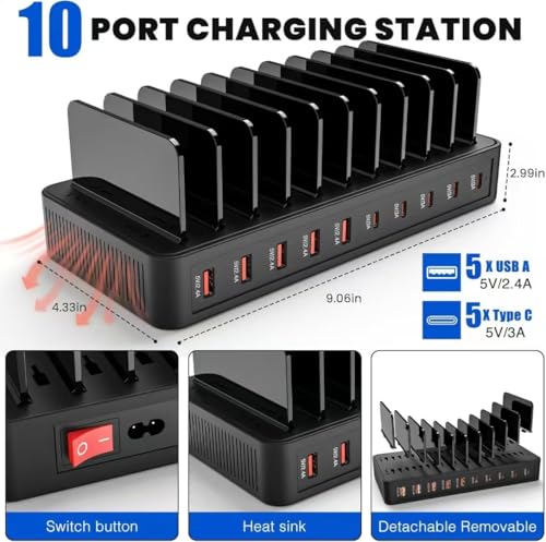100W 10포트 스마트 충전 스테이션 | USB-A 5개 및 USB-C 포트 5개 | 휴대폰, 태블릿, 시계 등을 위한 정리 디자인 (블랙)