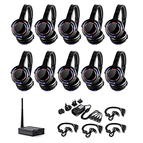 Professional Silent Disco LED Wireless Headphones and RF LED Silent Disco Earphones for iPod MP3 DJ Music Pary Club (10 Headphone + 1 Transmitter) - color: 10 headphone + 1 transmitter