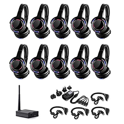Professional Silent Disco LED Wireless Headphones and RF LED Silent Disco Earphones for iPod MP3 DJ Music Pary Club (10 Headphone + 1 Transmitter) - color: 10 headphone + 1 transmitter
