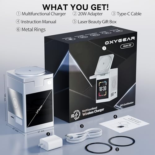7-in-1 Magnetic Wireless Charging Station, Qi2 15W Fast Charging (Sliver) | Multifunctional Charger for Apple Multiple Devices, LCD Display with Bluetooth 5.3 Speaker, Alarm Clock (Adapter Included)