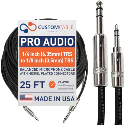 Custom Cable Connection 25 Foot Pro Audio 1/4 inch (6.35mm) TRS to 1/8 inch (3.5mm) TRS Balanced Cable - size: 25 Foot
