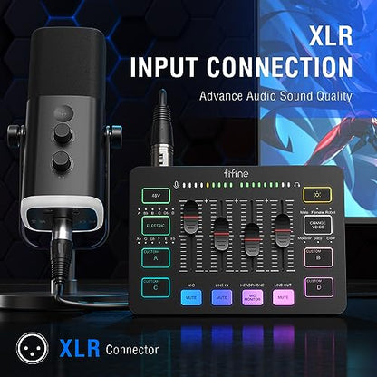 FIFINE Gaming Audio Mixer Bundle with Computer Streaming Microphone, 4-Channel RGB Mixer Set with XLR Interface, 48V Phantom Power, Dynamic Mic with Mute Button for Game Voice Podcast YouTube(SC3+AM8)