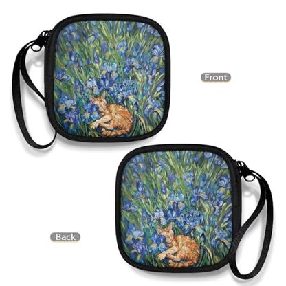 Blue Flower and Cat Portable Wireless Headphone Case, Earphone Storage Bag Carrying Case, Earbud Holder with Handle Headphone Bag Travel - color: Blue Flower And Cat