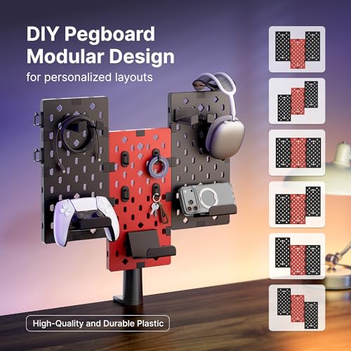 PEGZONE Modular Headphone and Controller Holder for Game, Clamp-on Pegboard, Rotatable Controller Stand with Cable Hooks, Gaming Accessory for Xbox PS5 PS4 Nintendo Switch, 3Pcs Pegboard, Red | Modular Desk Controller Stand with Cable Hooks - color: Red,