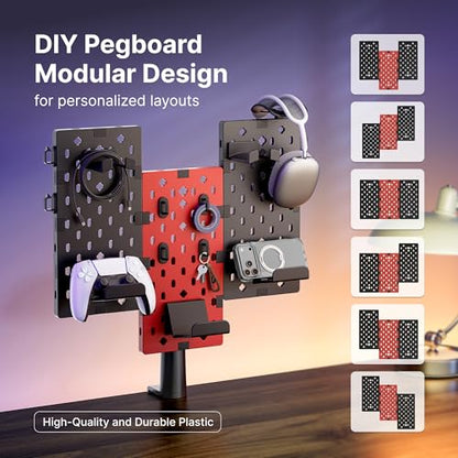 PEGZONE Modular Headphone and Controller Holder for Game, Clamp-on Pegboard, Rotatable Controller Stand with Cable Hooks, Gaming Accessory for Xbox PS5 PS4 Nintendo Switch, 3Pcs Pegboard, Red | Modular Desk Controller Stand with Cable Hooks - color: Red,